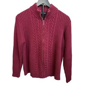 Lands End zip up maroon women’s cable cardigan.  Size L petite. Heavyweight